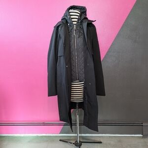 NWT DKNY Black Flextech Hooded Coat with Quilted Bib Medium